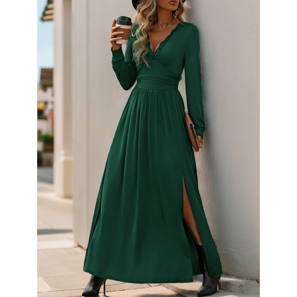 Maxi Dress with Lace V-Neck and Side Slit for Women - Ada