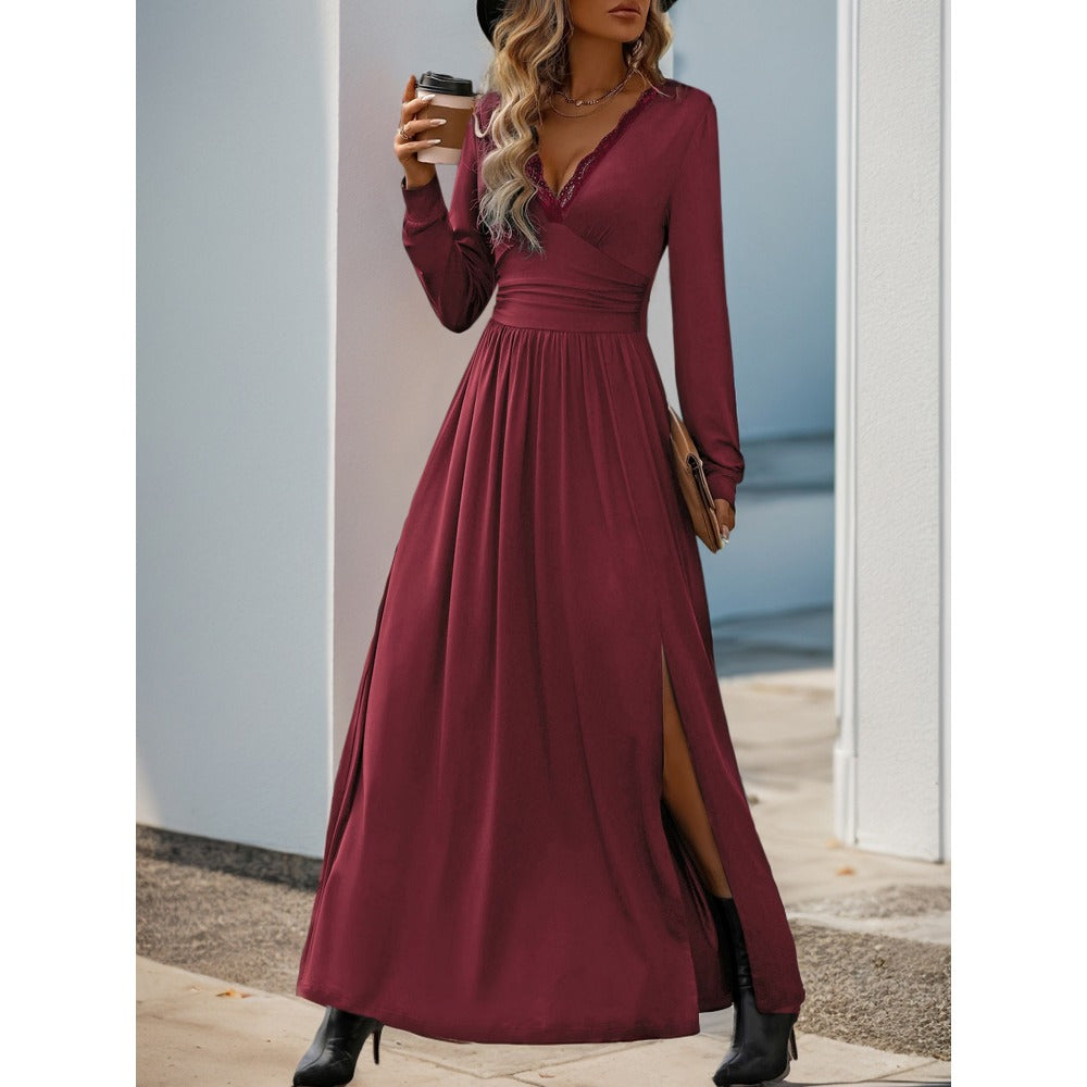 Maxi Dress with Lace V-Neck and Side Slit for Women - Ada