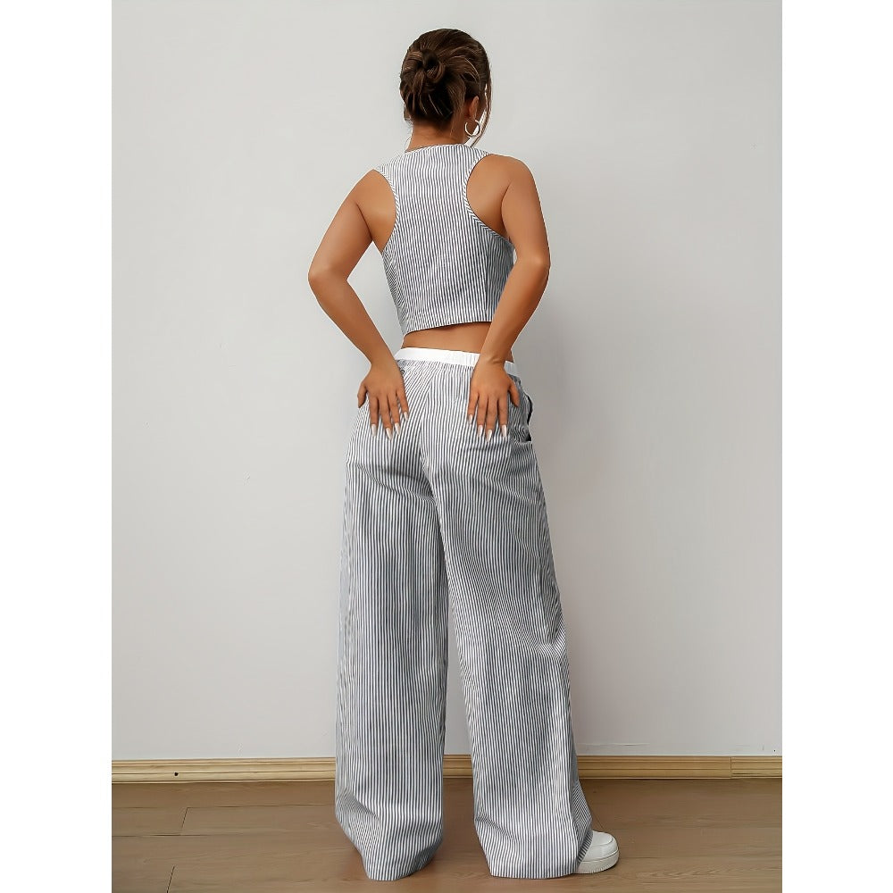 Striped Two Piece Wide Leg Pants Set for Women - Debora