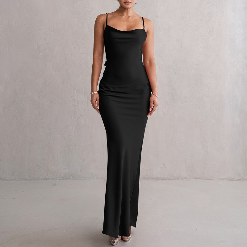 Women’s Satin Evening Prom Gown with Backless Floral Appliqué