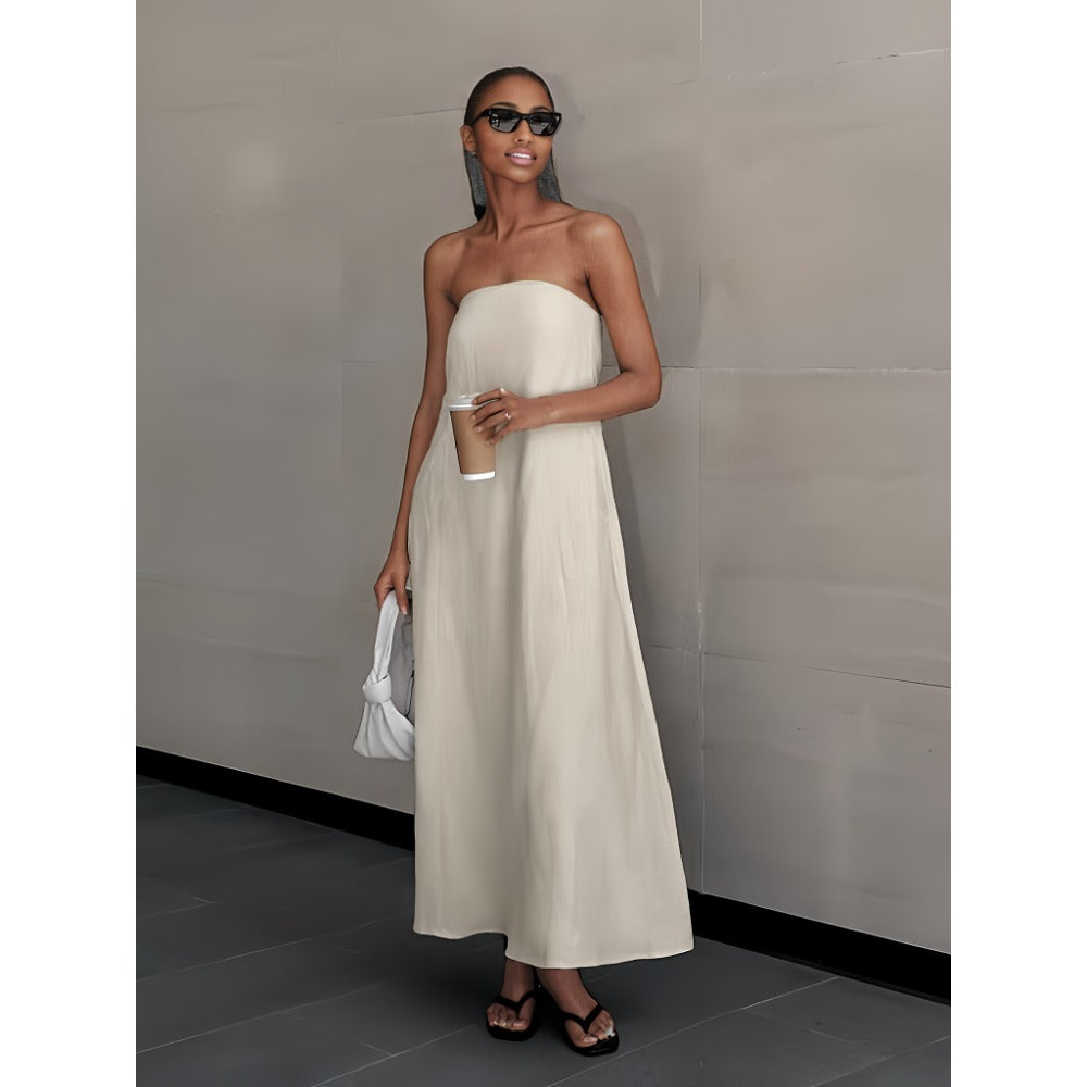 Beige Strapless Maxi Dress with Flowing Silhouette for Women - Margherita
