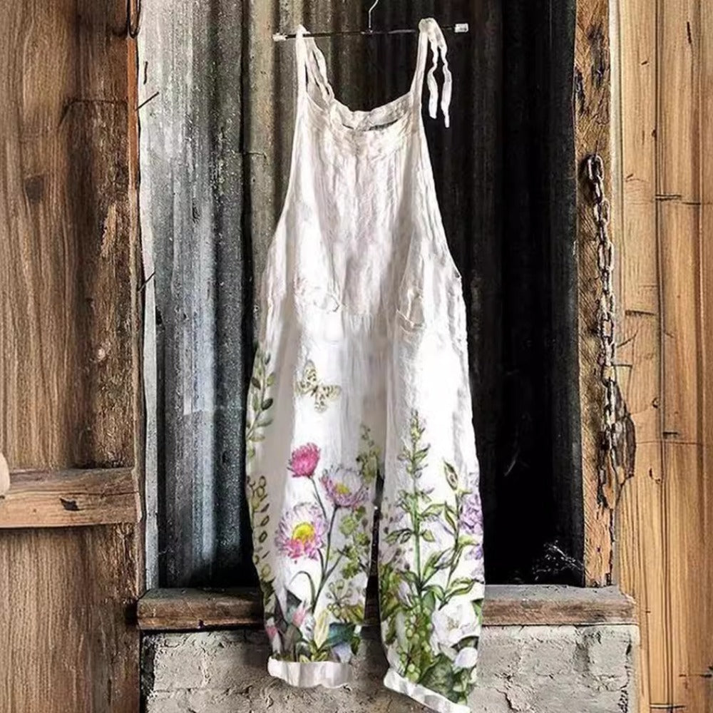 White Sleeveless Jumpsuit with Floral Print for Women - Lia