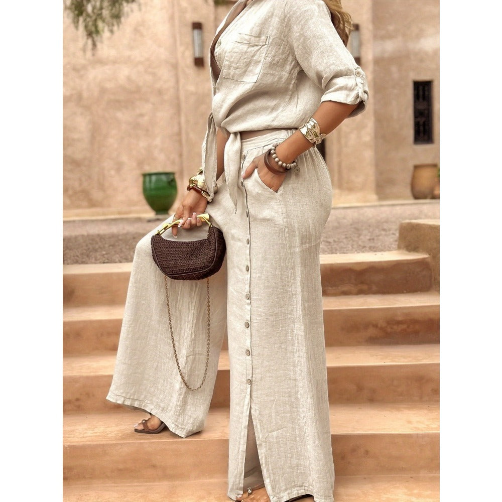 Button Front Shirt and Wide Leg Pants Set for Women - Eleonora