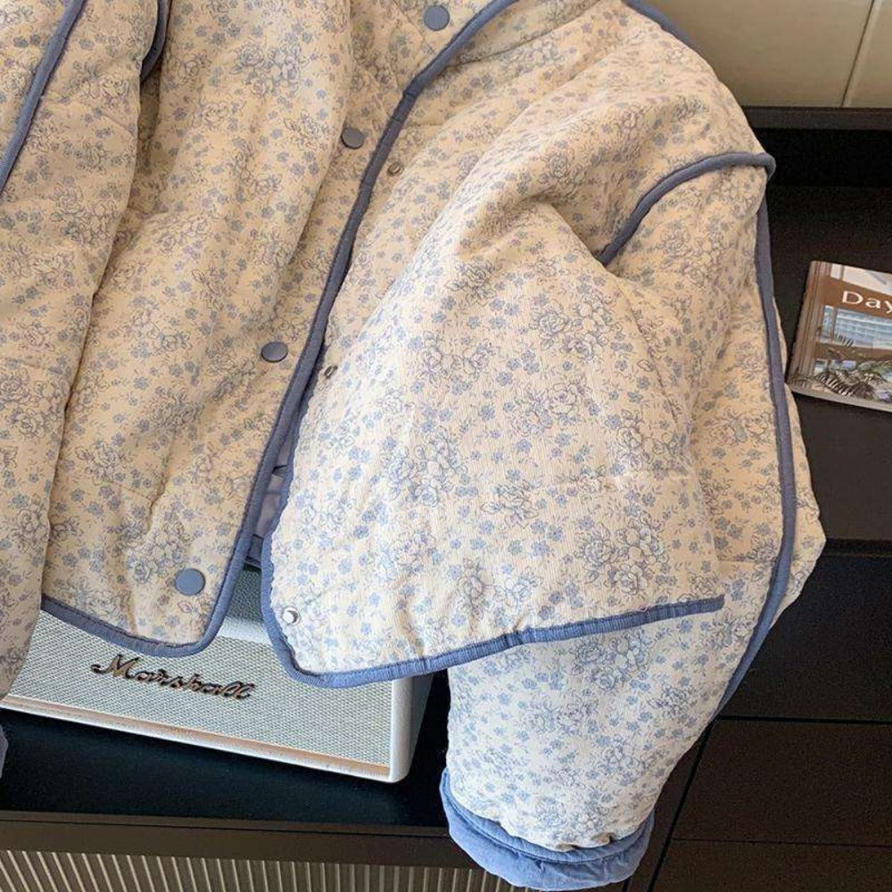 Light Blue Floral Quilted Jacket with Snap Buttons for Women - Sabrina