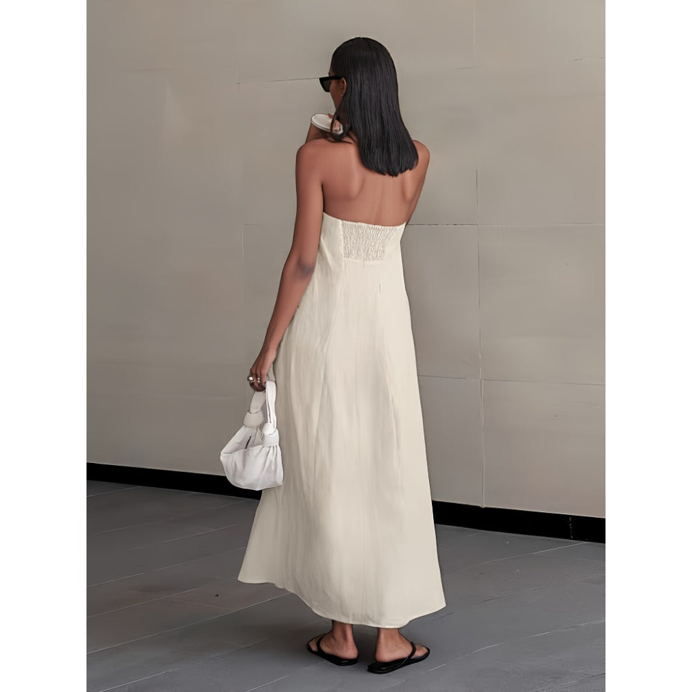 Beige Strapless Maxi Dress with Flowing Silhouette for Women - Margherita