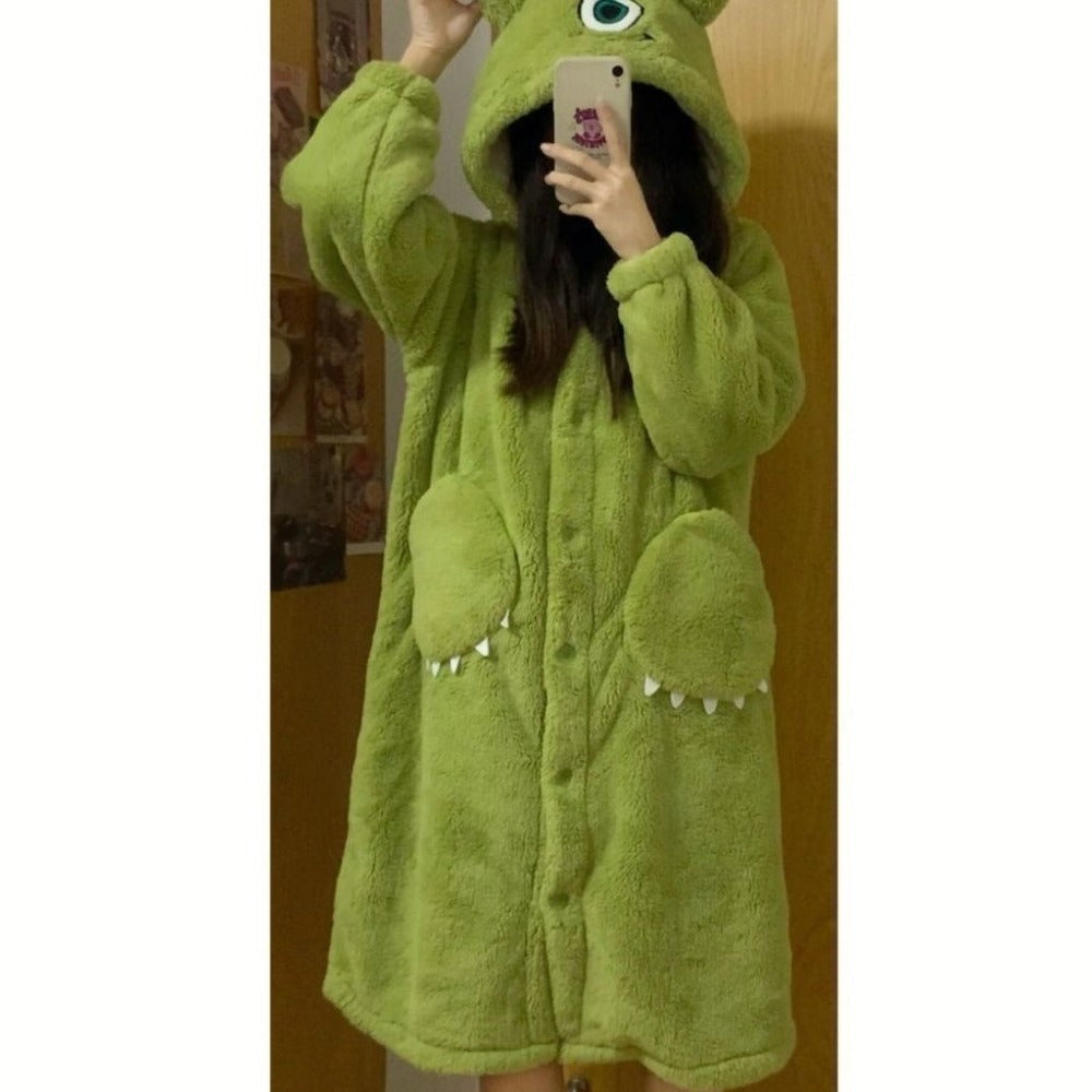 Green Fleece Hooded Dressing Gown with Pockets for Women - Anna