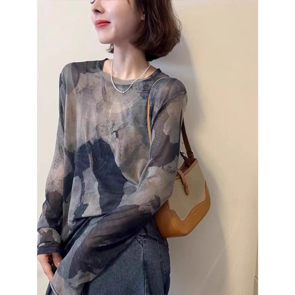 Grey Abstract Print Mesh Long Sleeve Top for Women - Rosaria