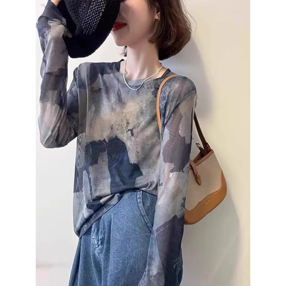 Grey Abstract Print Mesh Long Sleeve Top for Women - Rosaria