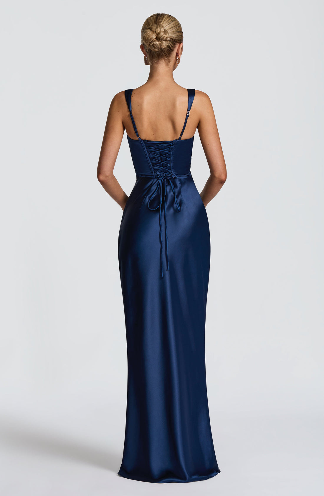 Navy Blue Satin Maxi Dress with Straps for Women - Stefania