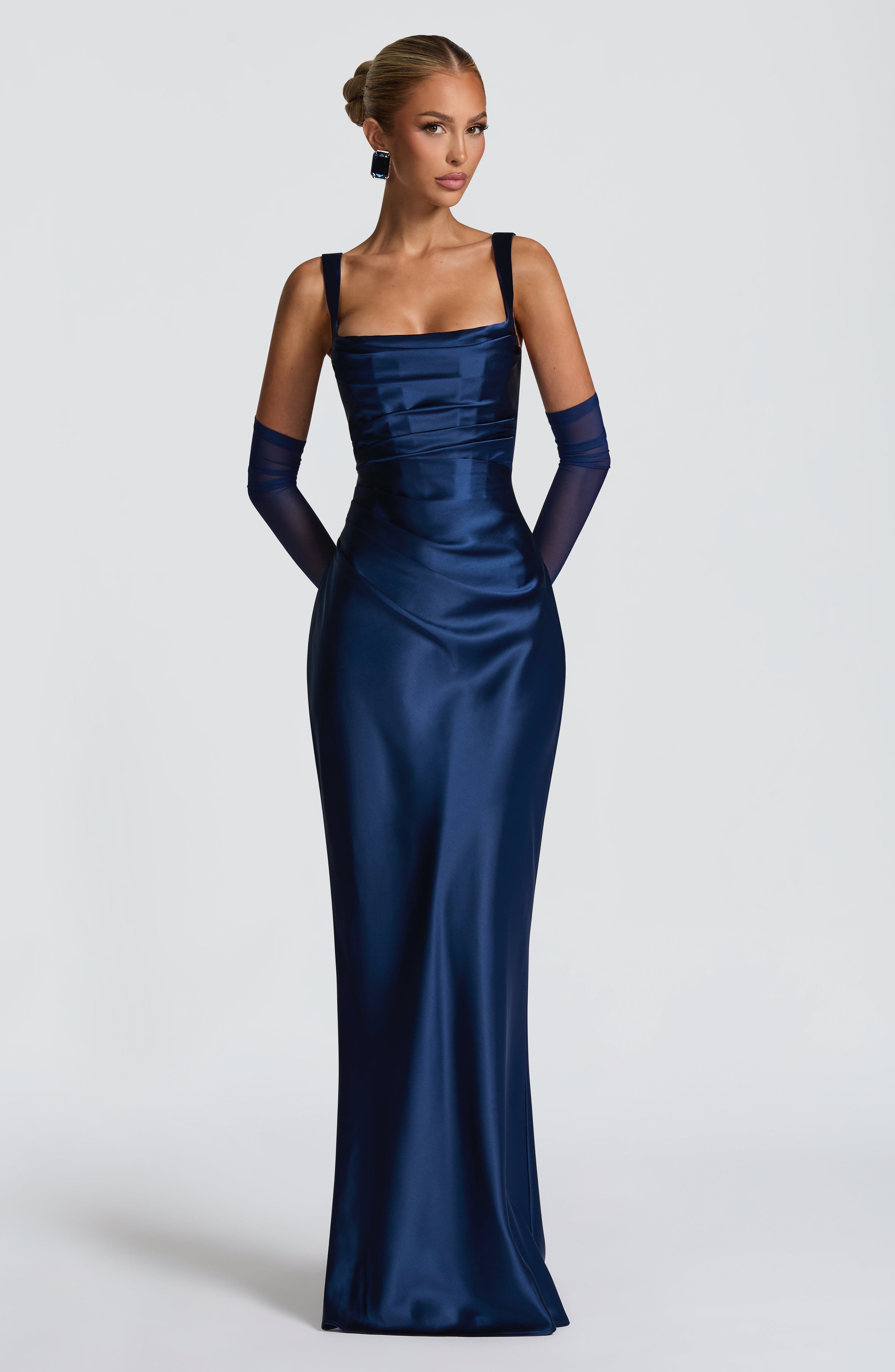 Navy Blue Satin Maxi Dress with Straps for Women - Stefania