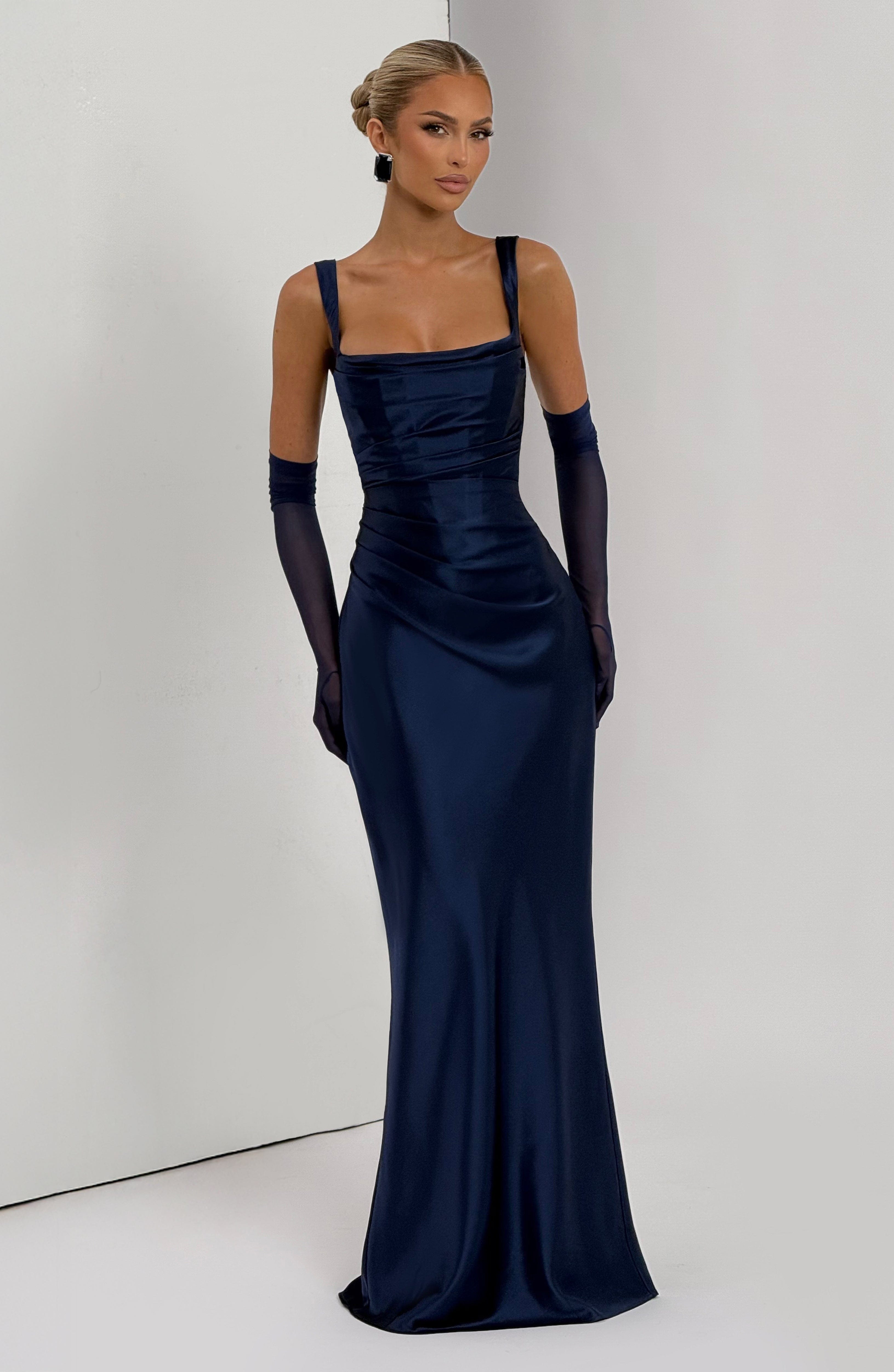 Navy Blue Satin Maxi Dress with Straps for Women - Stefania
