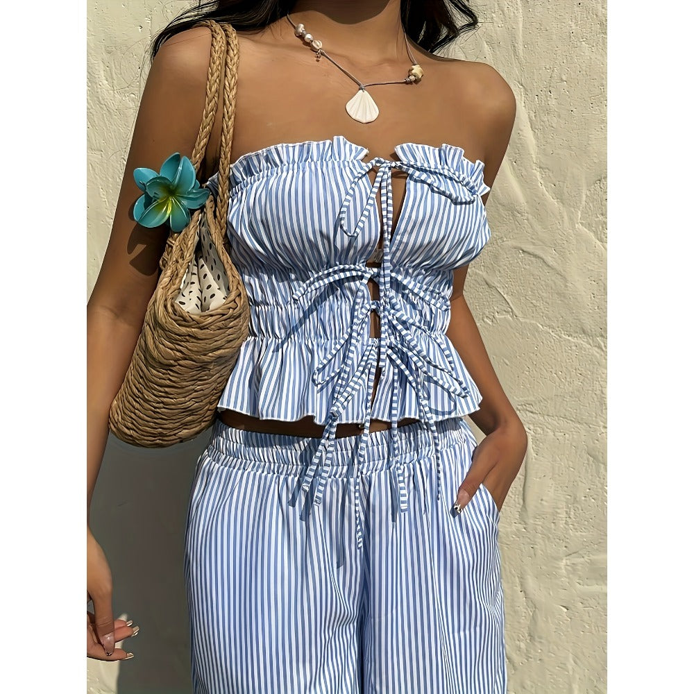 Light Blue Striped Two Piece Pants Set for Women - Gaia