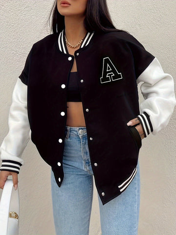 Black Varsity Jacket with Button Front and Striped Trim for Women