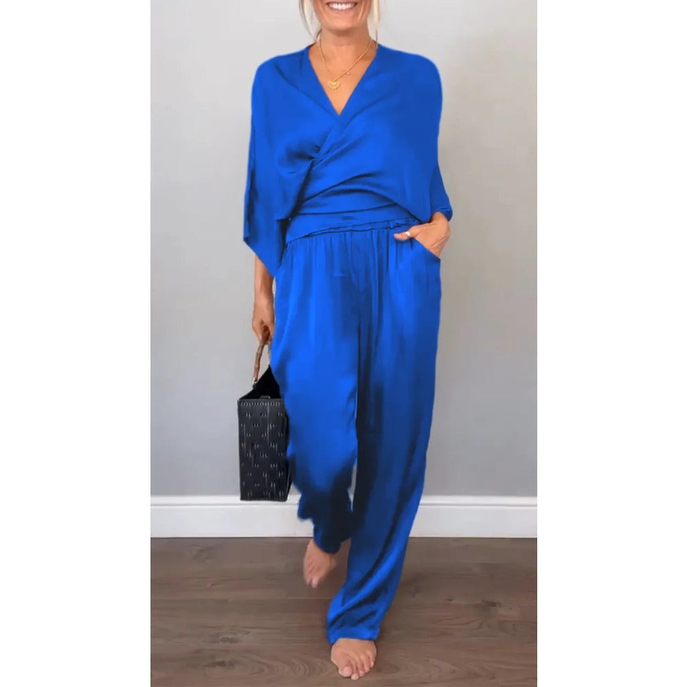 Rust Brown Two Piece Wide Leg Pants Set for Women - Simona