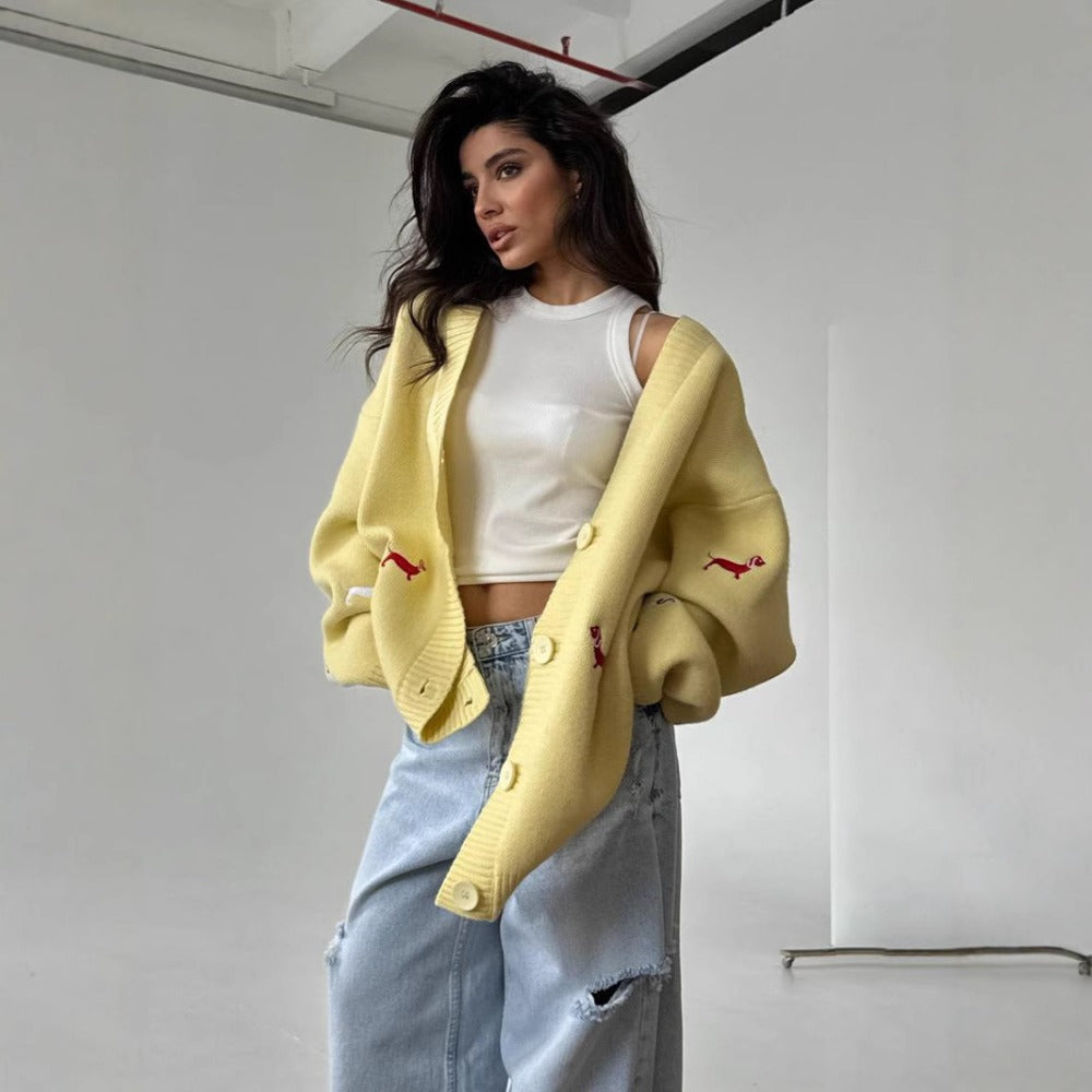 Oversized Knit Cardigan with Embroidery for Women - Angelica