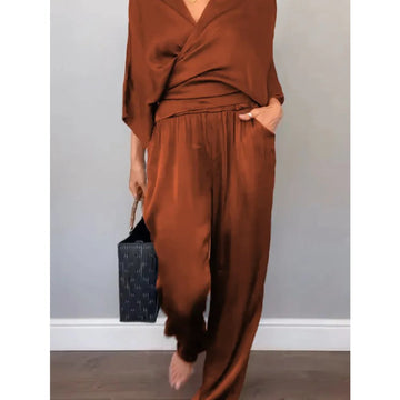 Rust Brown Two Piece Wide Leg Pants Set for Women - Simona