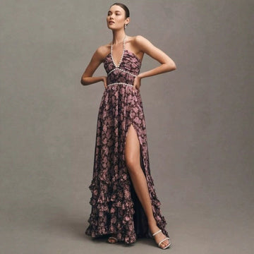 Floral Maxi Dress with Halter Neck and Side Slit for Women - Donatella