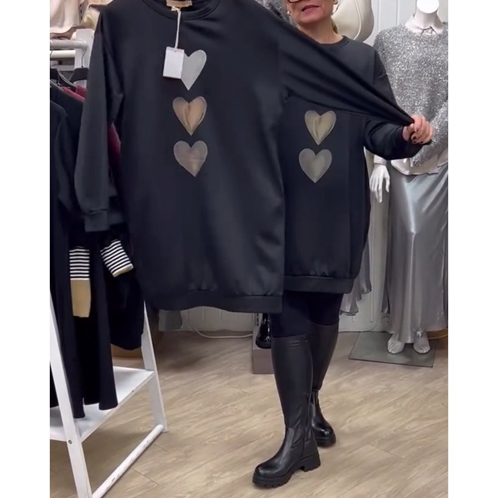 Black Long Sleeve Heart Print Sweatshirt Dress for Women - Pina