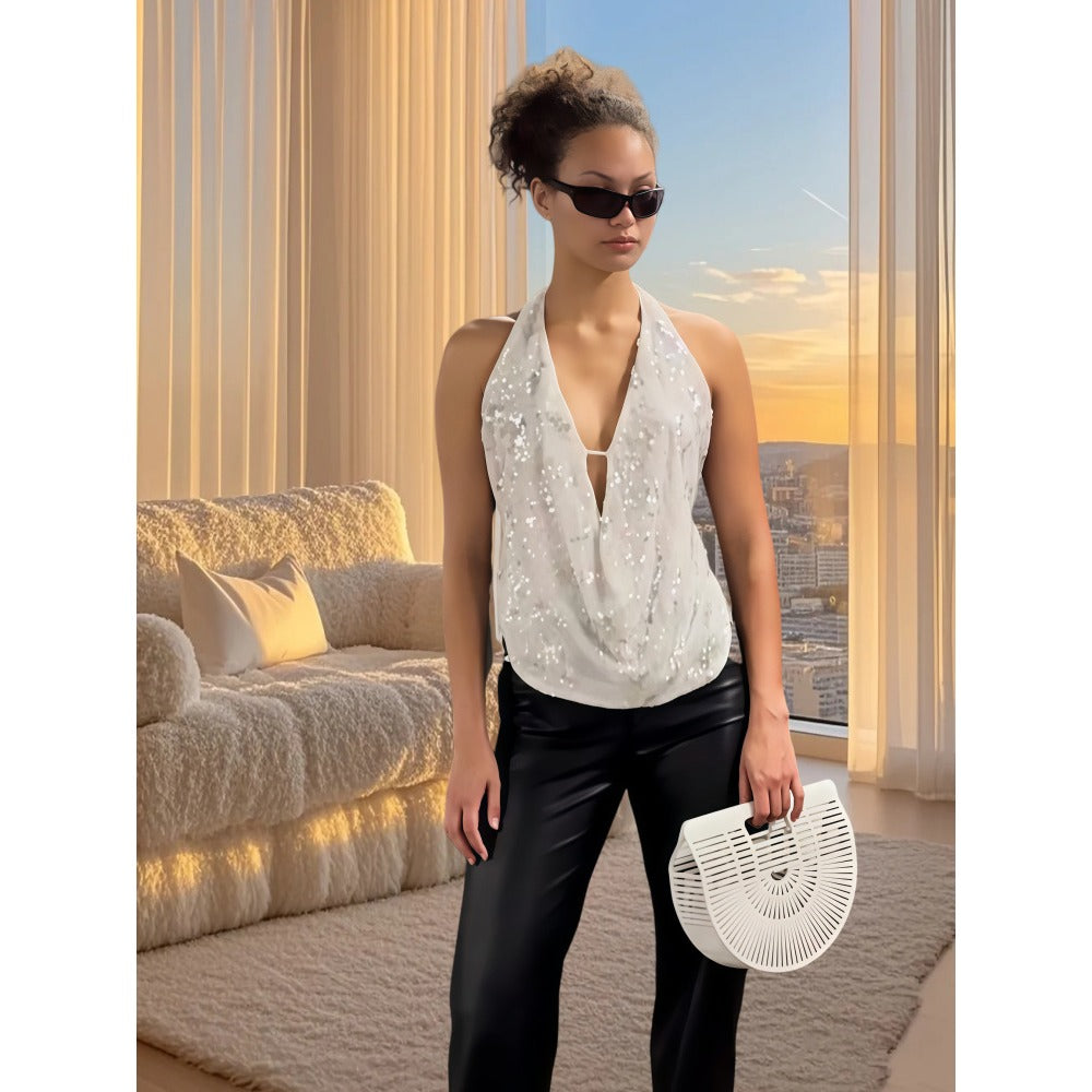 Halter Top with Floral Sequin Detail for Women - Irene