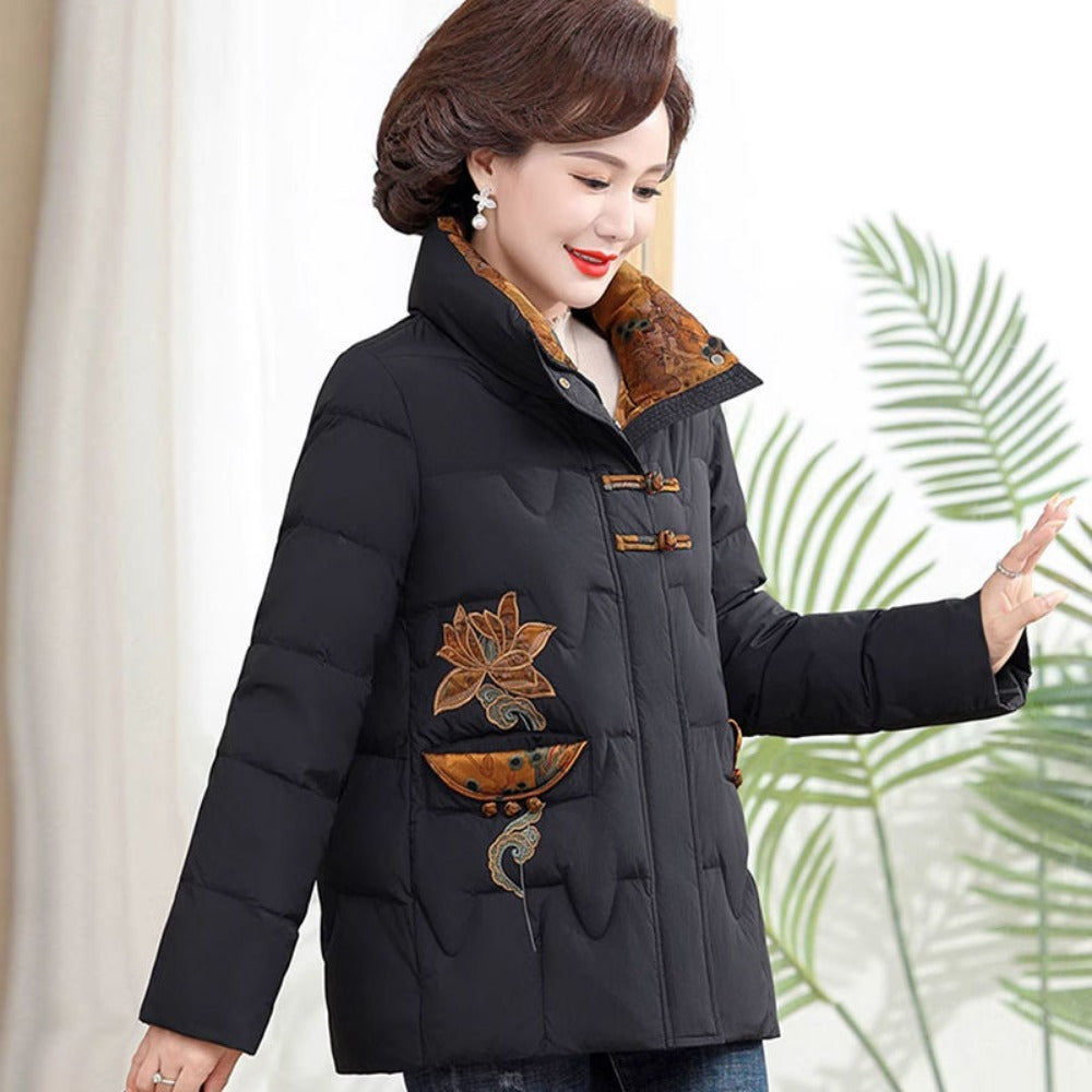 Embroidered Puffer Jacket with High Collar for Women - Silvana
