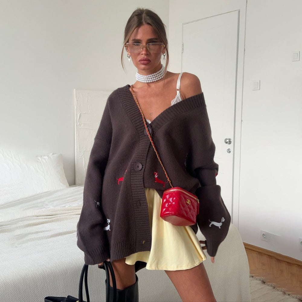 Oversized Knit Cardigan with Embroidery for Women - Angelica