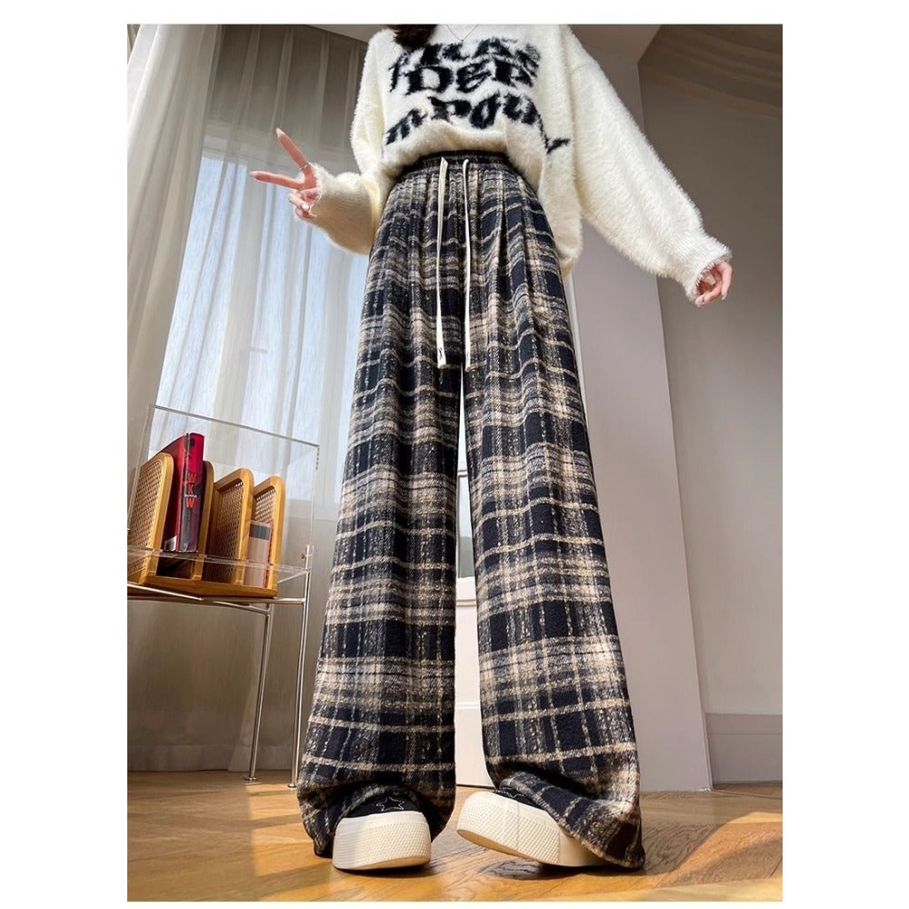 Plaid Wide-Leg Fleece-Lined Pants with Drawstring for Women - Miriam