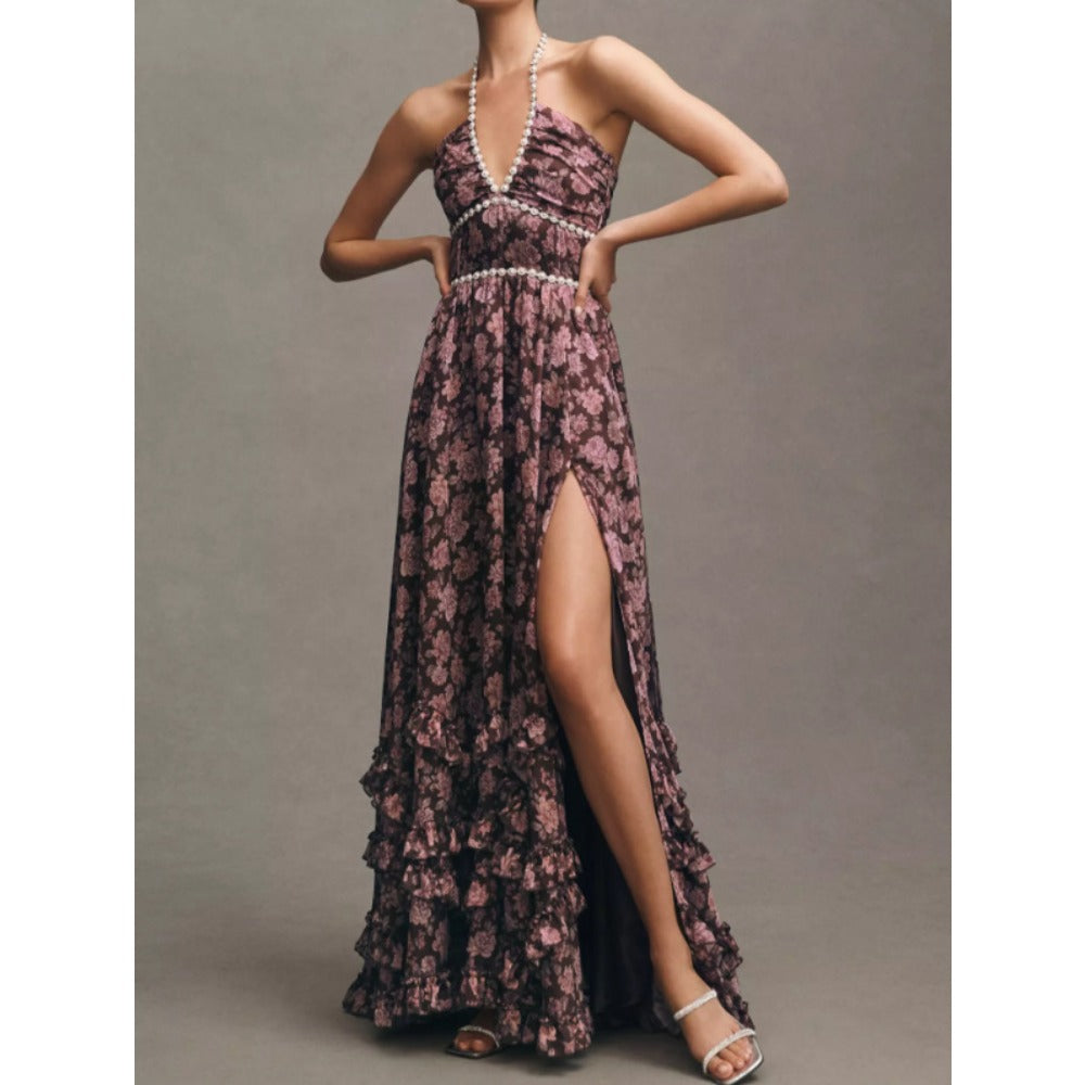 Floral Maxi Dress with Halter Neck and Side Slit for Women - Donatella