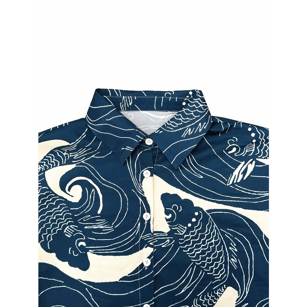 Navy Blue Fish Print Button-Down Shirt for Women - Livia