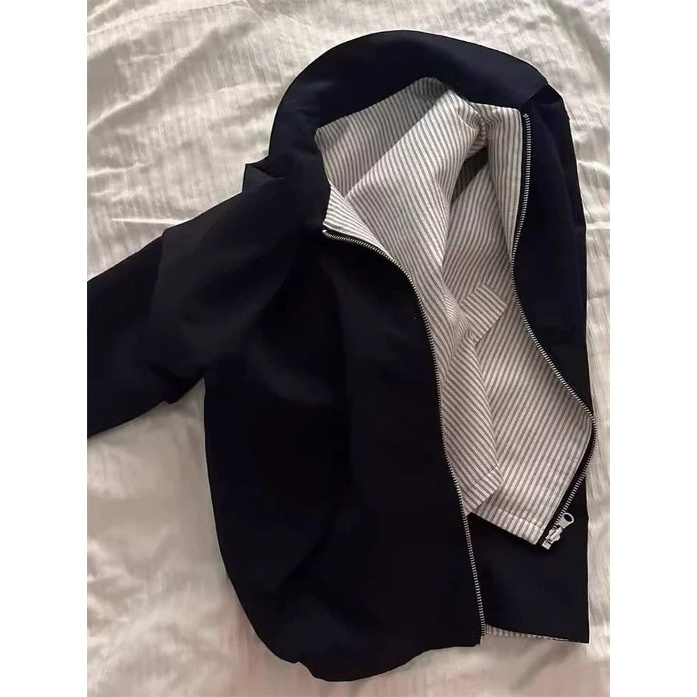 Navy Blue Reversible Bomber Jacket with Striped Lining for Women - Angelica