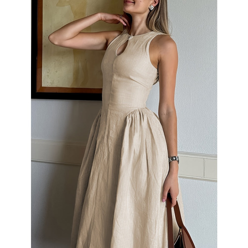Beige Sleeveless Midi Dress with Keyhole Neckline for Women - Clotilde