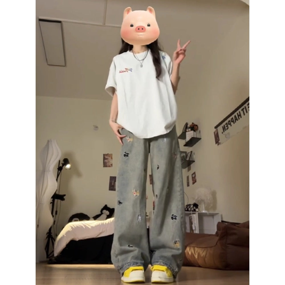 Grey Wide Leg Embroidered Denim Jeans with High Waist for Women - Margherita