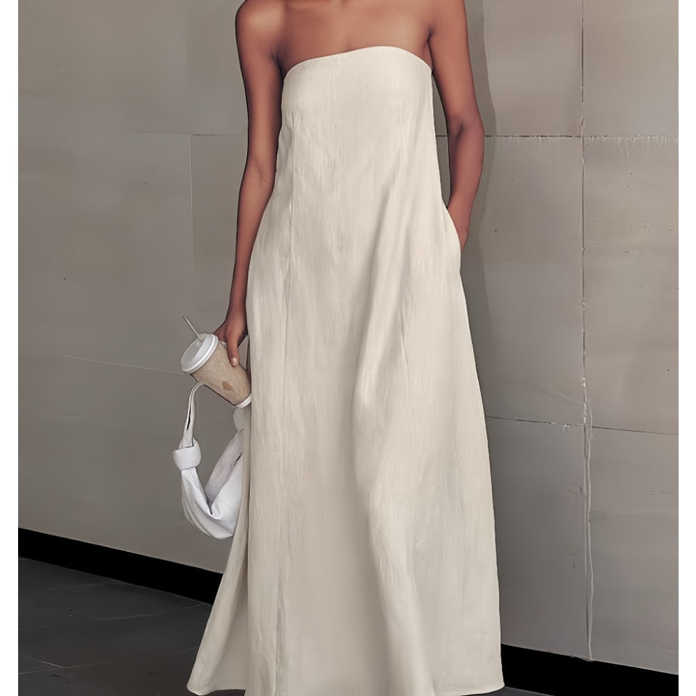 Beige Strapless Maxi Dress with Flowing Silhouette for Women - Margherita