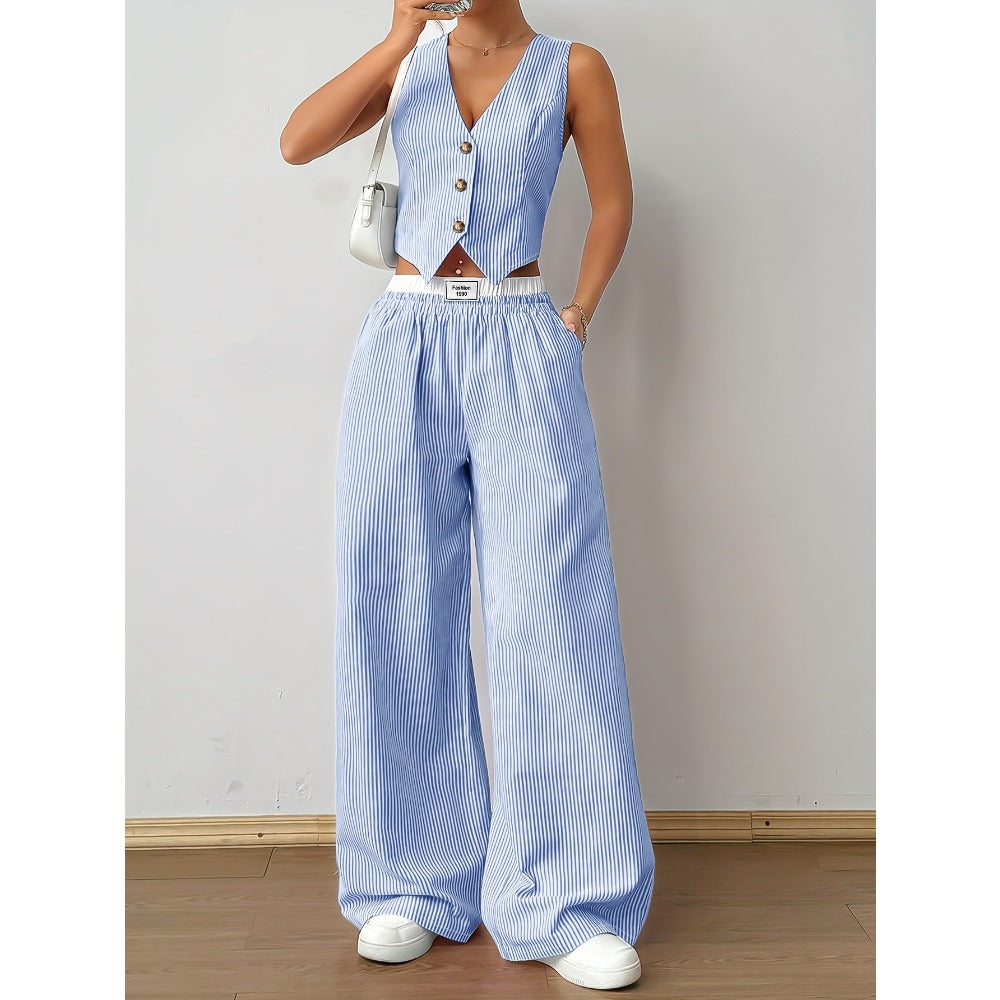 Striped Two Piece Wide Leg Pants Set for Women - Debora