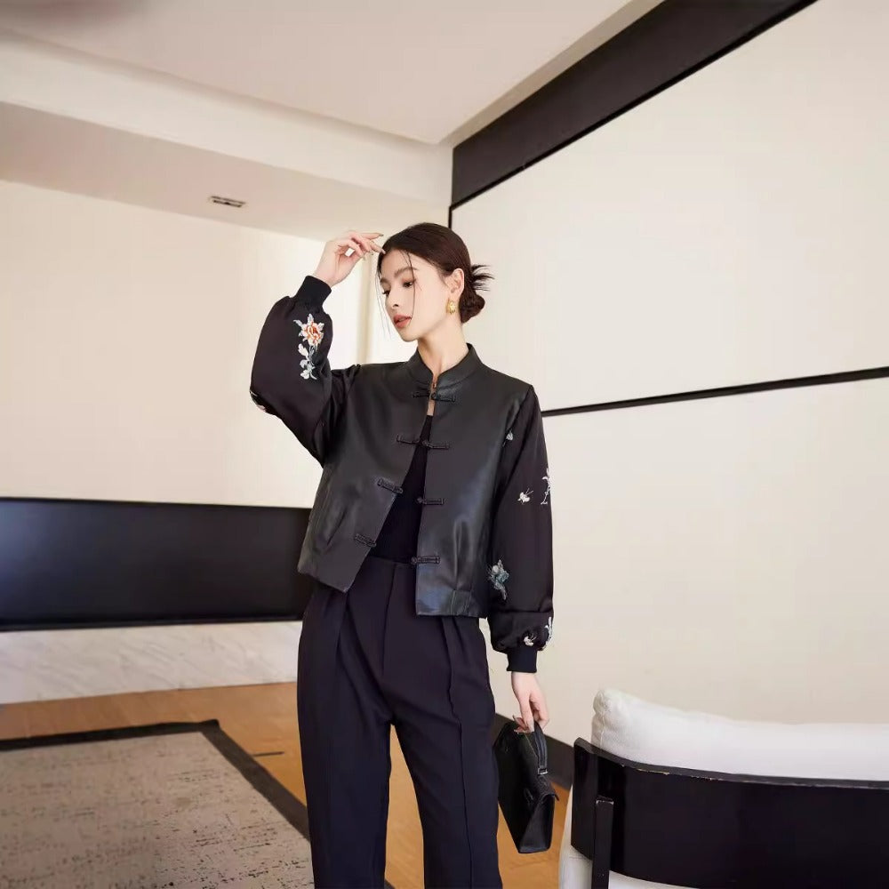 Black Faux Leather Jacket with Embroidered Sleeves for Women - Genziana