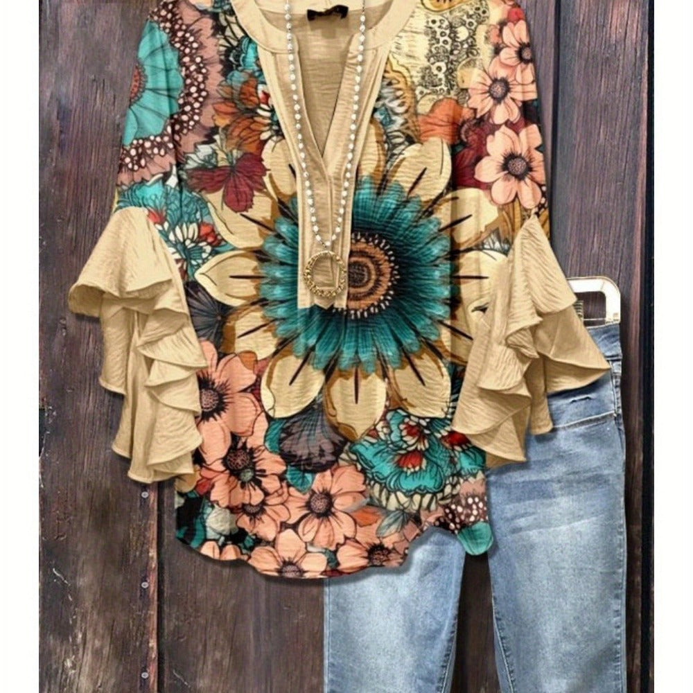 Floral Print Ruffle Sleeve Blouse Top for Women - Rossana