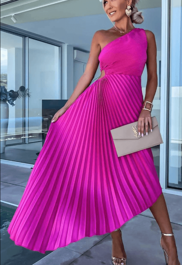 Women’s One Shoulder Pleated Midi Dress with Elegant Design