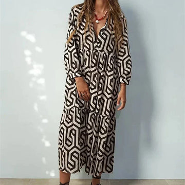 Soft Midi Dress with V-Neck and Geometric Print for Women