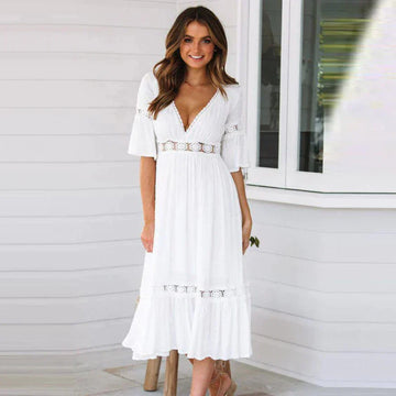 Boho Summer Midi Dress with V-Neck for Women