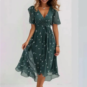 Flowy Midi Wrap Dress for Women – V-Neck Style