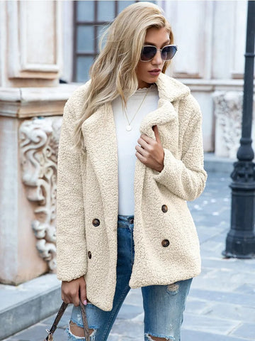 Women’s Teddy Coat with Double Breasted Front and Lapel Collar