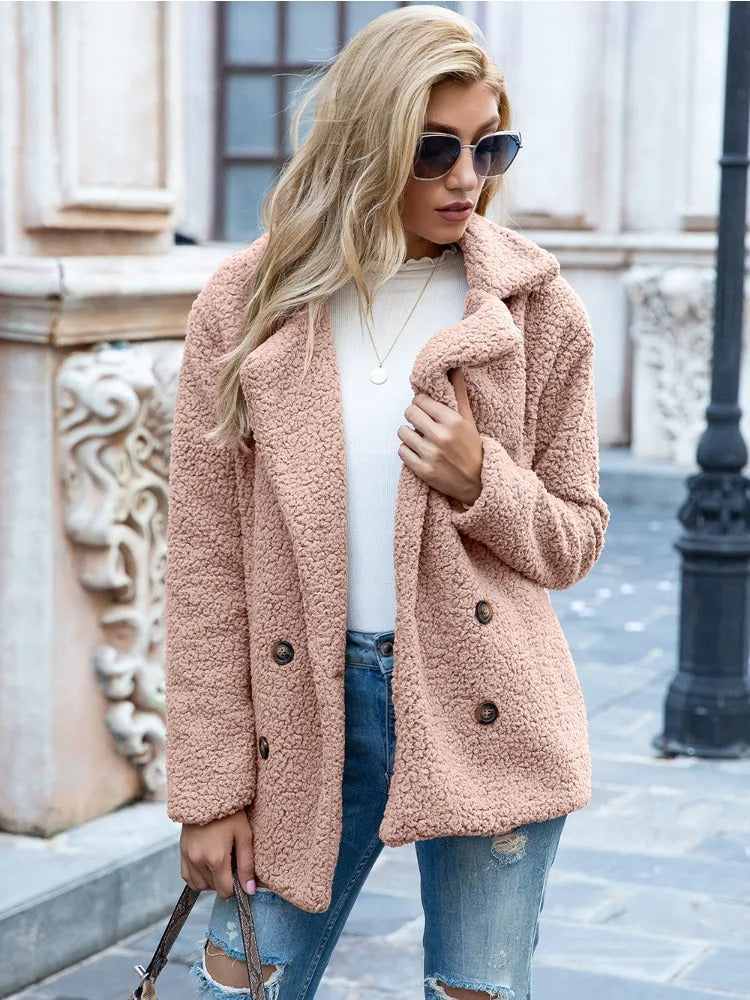 Women’s Teddy Coat with Double Breasted Front and Lapel Collar