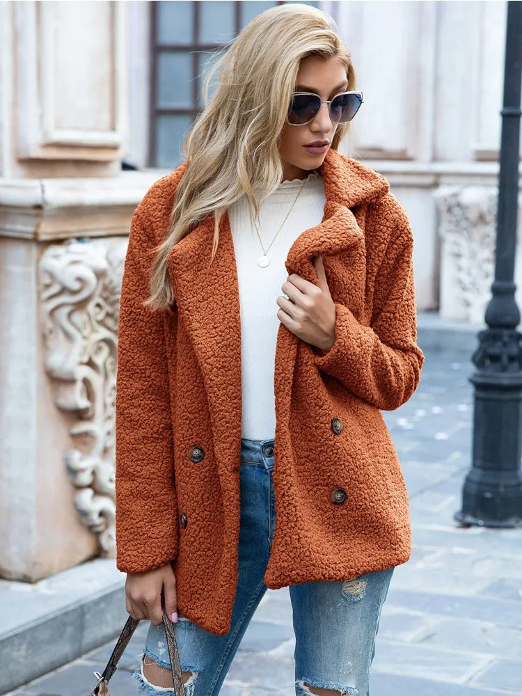 Women’s Teddy Coat with Double Breasted Front and Lapel Collar