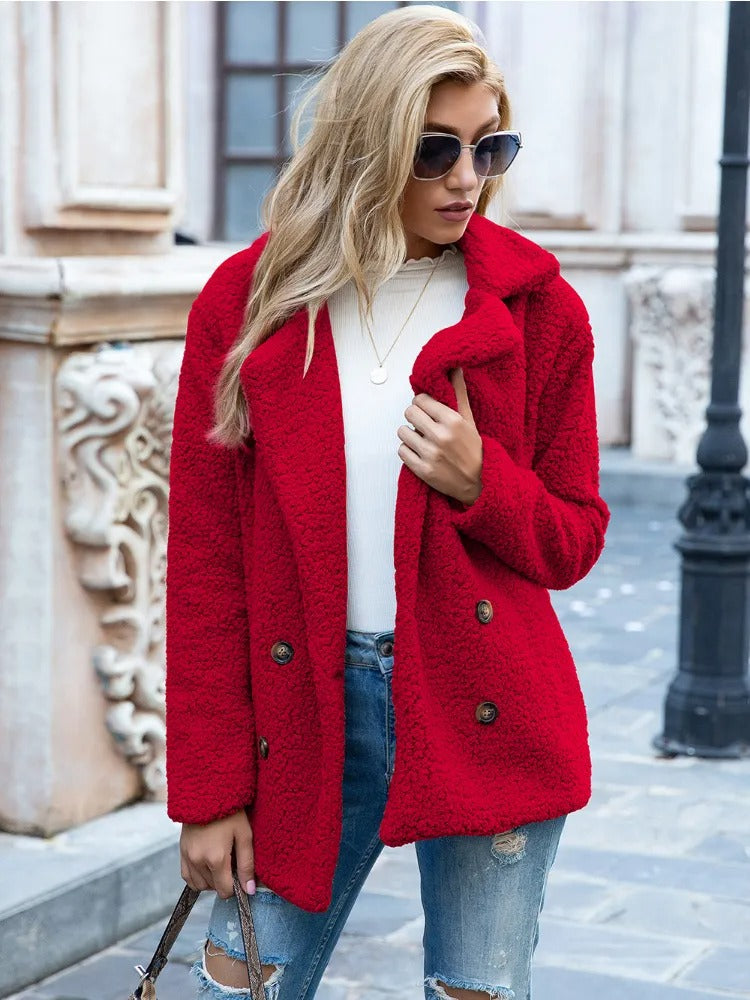 Women’s Teddy Coat with Double Breasted Front and Lapel Collar