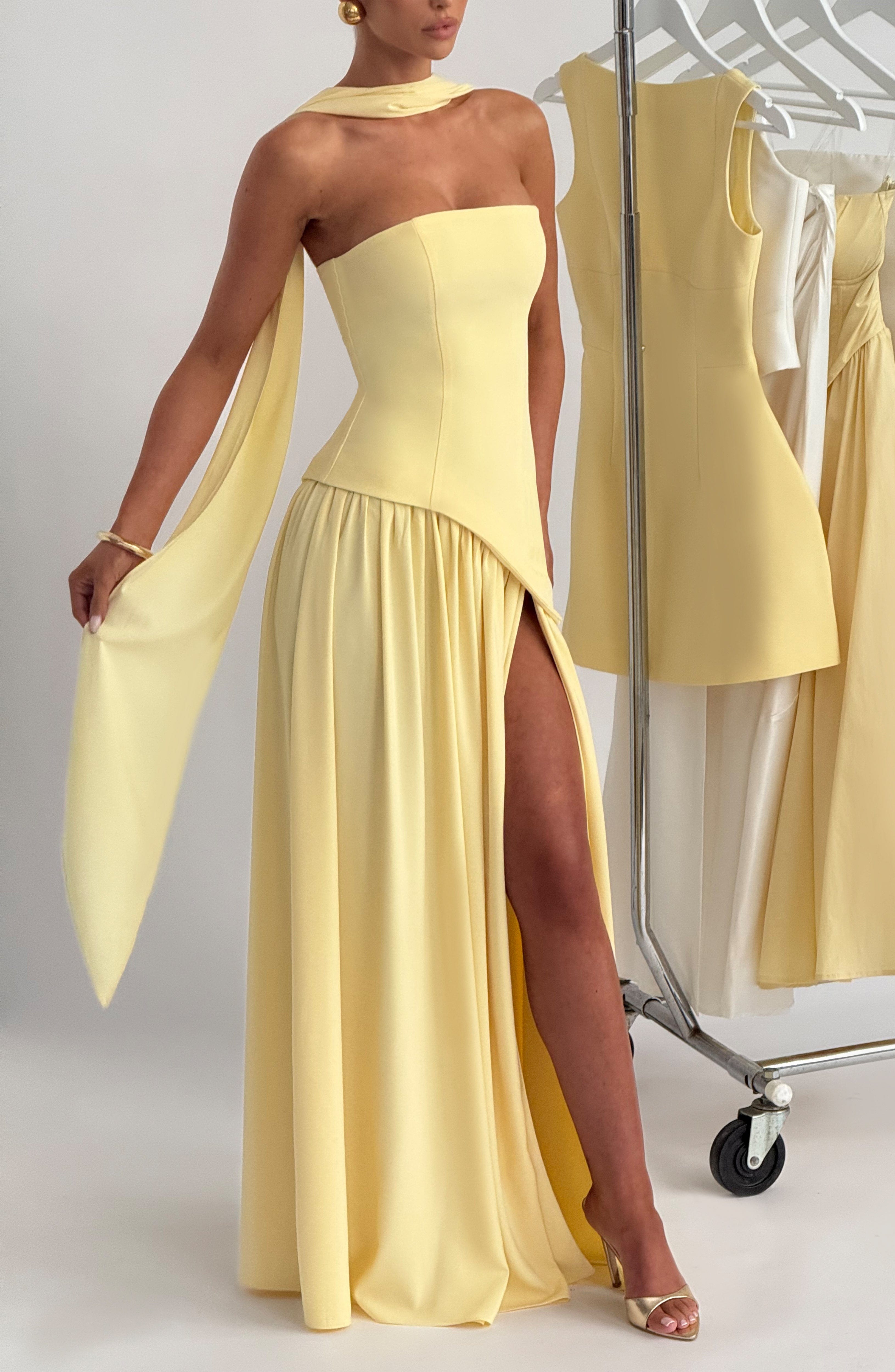 Lemon Yellow Maxi Dress with Side Slit for Women - Annamaria