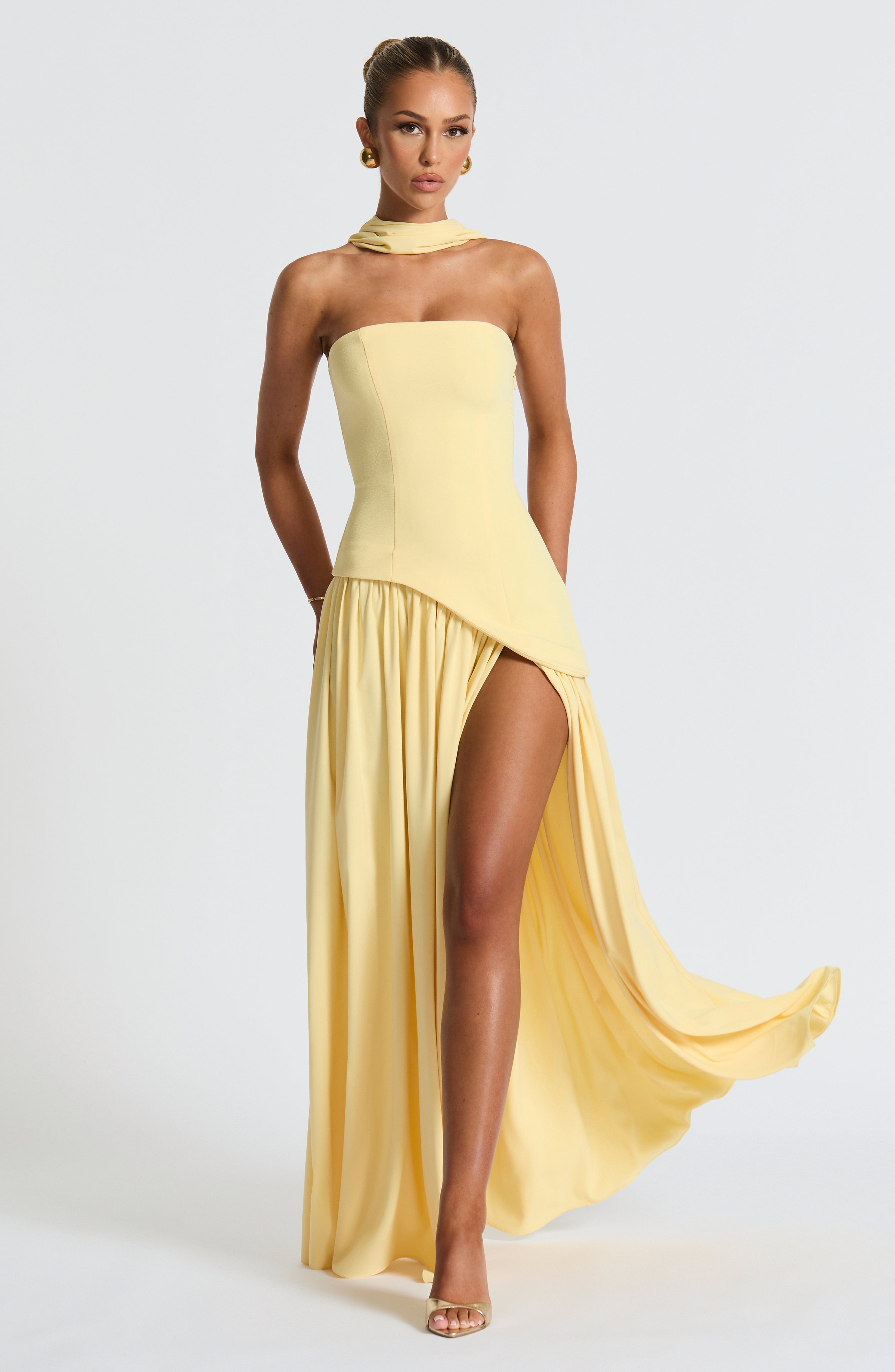 Lemon Yellow Maxi Dress with Side Slit for Women - Annamaria