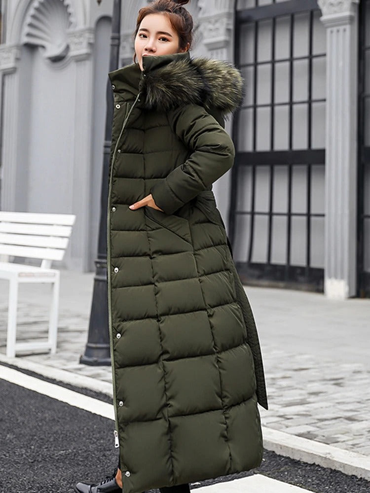 Women’s Padded Parka with Soft Hood Lining and Belted Waist