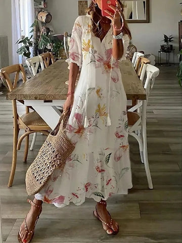 Boho Style Midi Dress with Half Sleeves for Women