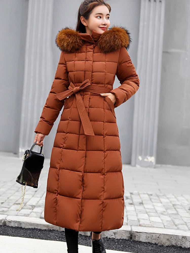 Women’s Padded Parka with Soft Hood Lining and Belted Waist
