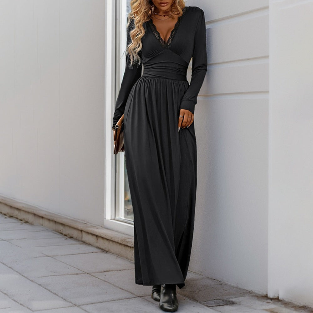 Maxi Dress with Lace V-Neck and Side Slit for Women - Ada