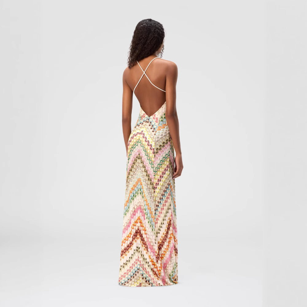 Multicolor Chevron Print Maxi Dress with Spaghetti Straps for Women - Sabina